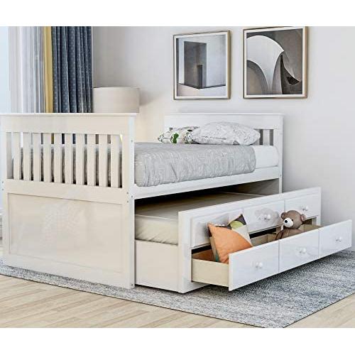 Twin Captain’s Bed Storage daybed with Trundle and Drawers for Kids Guests (White)
