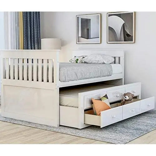 Twin Captain’s Bed Storage daybed with Trundle and Drawers for Kids Guests (White) Twin Captain’s Bed Storage daybed with Trundle and Drawers for Kids Guests (White)
