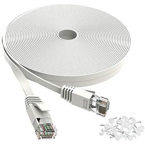 Cat 6 Ethernet Cable 25 ft White Flat - Solid Internet Network Lan patch cord – Cat6 High Speed Computer wire With clips & Rj45 Connectors for Router, modem, PS, Xbox– faster than Cat5e/Cat5 - 25 feet