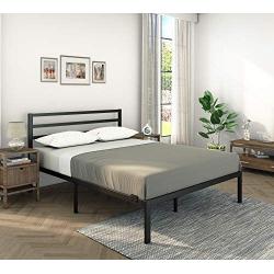 AMBEE21 – Modern Queen Platform Metal Bed Frame with Headboard: (14 inch) – Black Heavy Duty Iron Metal Bed Frame, Sturdy Mattress Support, Under Bed Storage, Steel Slat Support, No Box Spring Needed