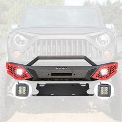 JROAD Compatible with Front Bumper Jeep Wrangler 2007-2018 JK JKU Sahara Rubicon Sports 2/4-door 2xLED Fog Lights Built-in Winch Plate Stubby Blade Heavy Steel Grille Guard Tube