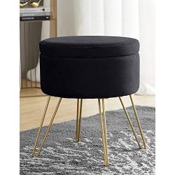 Ornavo Home Modern Round Velvet Storage Ottoman Foot Rest Stool/Seat with Gold Metal Legs & Tray Top Coffee Table - Black