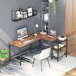 CubiCubi L-Shaped Computer Desk, Industrial Office Corner Desk Writing Study Table with Storage Shelves, Space-Saving, Dark Rustic/Black