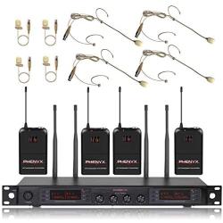 Wireless Microphone System, Phenyx Pro Quad Channel Cordless Mic Set with Four Bodypacks and Beige Headsets/Lapels, 4x40 Channels, Auto Scan,328ft Coverage, Ideal for DJ, Church,Events(PTU-7000B)