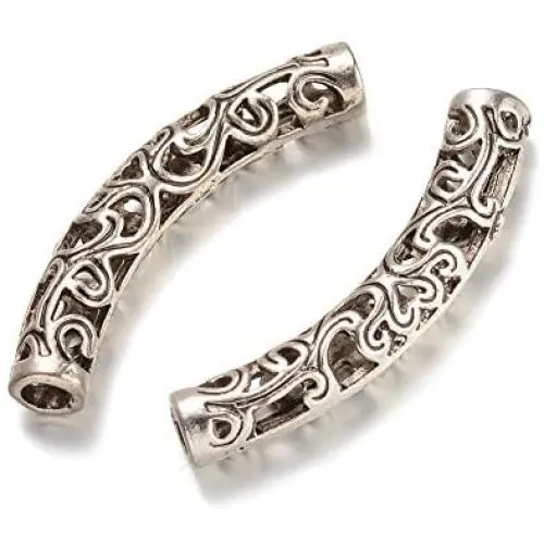 Kissitty 100-Piece Antique Silver 6mm by 36.5mm Filigree Long Curved Noodle Tube Spacer Beads with 3mm Holes