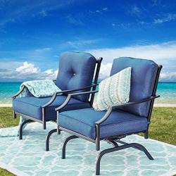 Festival Depot 2 of Outdoor Patio Bistro Armrest Chairs with Cushions Set Premium Fabric Metal Frame Furniture Set Garden Dining Seating Chair Thick & Soft Cushions (Blue)