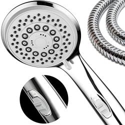 Hotel Spa High-Pressure 7-Setting Handheld Shower Head with 4-inch Face, Patented Water-Saving ON/OFF Pause Switch, Angle-Adjustable, Easy Tool-Free Installation – Chrome Finish