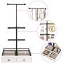 Keebofly Jewelry Organizer Metal & Wood Basic Storage Box - 3 Tier Jewelry Stand for Necklaces Bracelet Earrings Ring White