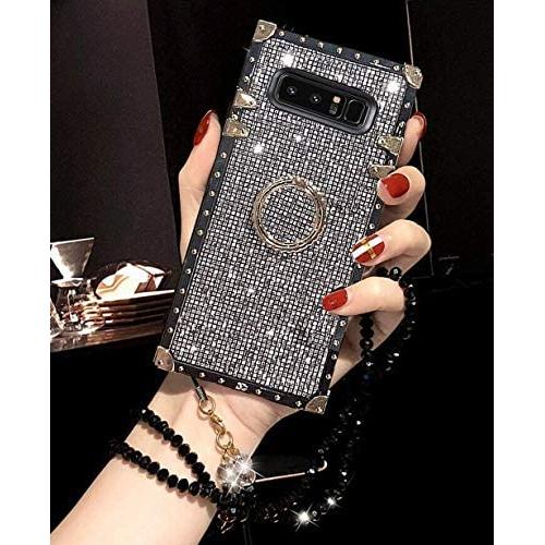 Compatible for Samsung Galaxy Note 8 Case,Babemall Elegant Premium Bling Square Protective Shock Absorption Metal Decoration Corner Back Case with Crystal Strap (Black)