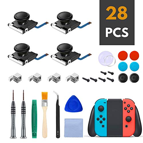 Joycon Joystick Replacement 4 Pack 3D Analog Stick Parts for Nintendo Switch Joy-con Controller Repair Kit Include 4 Thumb 3D Sticks, 4 Metal Buckles, 4 Thumb Grips Caps, Screwdriver Repair Tool