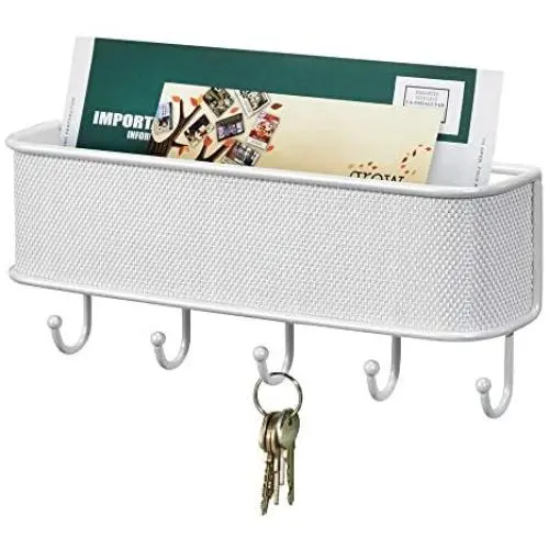 mDesign Metal Woven Wall Mount Storage Organizer Mail Sorter Basket with 5 Hooks - for Letters, Magazines, Coat, Pet Leash and Keys for Entryway, Mudroom, Hallway, Kitchen, Office - White mDesign Metal Woven Wall Mount Storage Organizer Mail Sorter Basket with 5 Hooks - for Letters, Magazines, Coat, Pet Leash and Keys for Entryway, Mudroom, Hallway, Kitchen, Office - White
