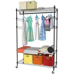 Homdox 3-Tiers Large Size Heavy Duty Wire Shelving Garment Rolling Rack Clothing Rack with Double Clothes Shelves and Lockable Wheels+1 Pair Side Hooks,Black