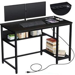 Rolanstar Computer Desk, Home Office Writing Study Desk with Power Outlets 47'', Business Style Workstation Table with Storage Shelves,Stable Metal Frame, Black