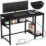 Rolanstar Computer Desk, Home Office Writing Study Desk with Power Outlets 47'', Business Style Workstation Table with Storage Shelves,Stable Metal Frame, Black