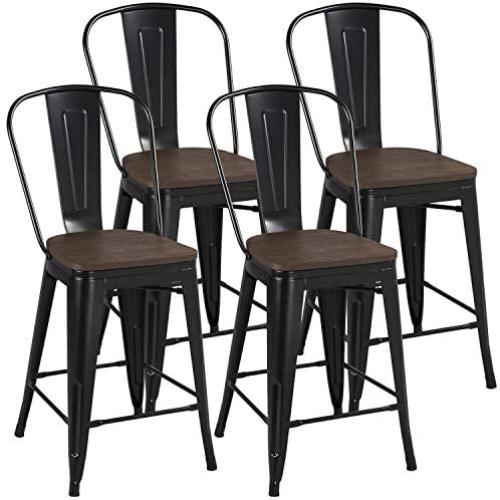 YAHEETECH 24inch Metal Dining Chairs Solid Fir Wooden Surface Furniture High Black Metal Indoor-Outdoor Counter Height Stool with Removable Back Modern Kitchen Dining Bar Chairs Rustic - Black