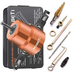 Double Headed Sheet Metal Nibbler, REXBETI Drill Attachment Metal Cutter with Extra Punch and Die, 1 Cutting Hole Accessory and 1 Step Drill Bit, Perfect for Straight Curve and Circle Cutting (gold)