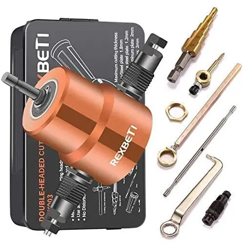 Double Headed Sheet Metal Nibbler, REXBETI Drill Attachment Metal Cutter with Extra Punch and Die, 1 Cutting Hole Accessory and 1 Step Drill Bit, Perfect for Straight Curve and Circle Cutting (gold) Double Headed Sheet Metal Nibbler, REXBETI Drill Attachment Metal Cutter with Extra Punch and Die, 1 Cutting Hole Accessory and 1 Step Drill Bit, Perfect for Straight Curve and Circle Cutting (gold)