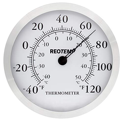 REOTEMP WT12 12 Inch Modern Analog Wall Thermometer with Brushed Aluminum Metal Bezel and Glass Lens