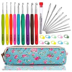 WooCrafts Large-Eye Blunt Needles Yarn Knitting Plus Crochet Hooks Set with Case,Ergonomic Handle Crochet Hooks Needles for Arthritic Hands.Best Gift!