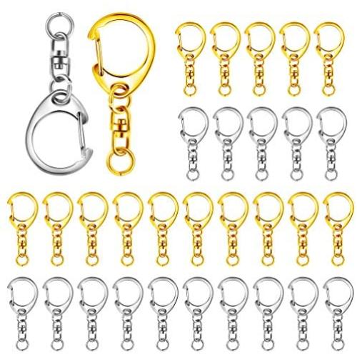Roctee 70 Pcs Jump Rings D-snap Hook Split Key Ring with Chain | Metal Keychain Parts with 8mm Open Jump Ring and Connector | Key Rings Clips Accessories for DIY (Silver+Gold)