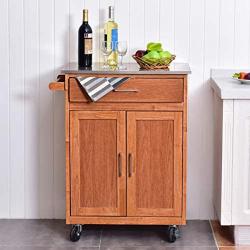 Giantex Wood Kitchen Trolley Cart Rolling Kitchen Island Cart with Stainless Steel Top Storage Cabinet Drawer and Towel Rack