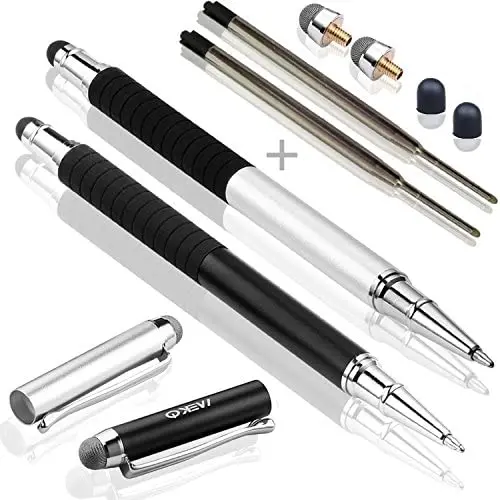 MEKO Stylus Pen 3 in 1 Rubber Tip and Micro Fiber Tip Stylus/Styli Ballpoint Pen (2Pcs) Metal Barrel with Rubber Grip Bundle with 2 Replacement Fiber Tips, 2 Rubber Tips,2 Refill Ink -Silver MEKO Stylus Pen 3 in 1 Rubber Tip and Micro Fiber Tip Stylus/Styli Ballpoint Pen (2Pcs) Metal Barrel with Rubber Grip Bundle with 2 Replacement Fiber Tips, 2 Rubber Tips,2 Refill Ink -Silver