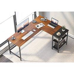 CubiCubi L Shape Computer Desk with Storage Shelf Study Writing Table for Home Office, Modern Simple Style PC Desk, Black Metal Frame, Espresso