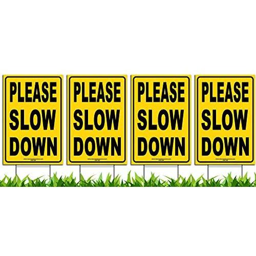 Bundle of (4) Please Slow Down 12'' x 18'' Yellow Safety Sign + Metal Ground Stakes