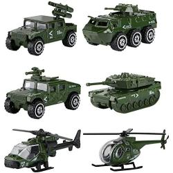 Hautton Diecast Military Toy Vehicles, 6 Pack Alloy Metal Army Toys Model Cars Playset Tank, Panzer, Attack Helicopter, Anti-air Vehicle, Scout Helicopter for Kids Boys Toddlers