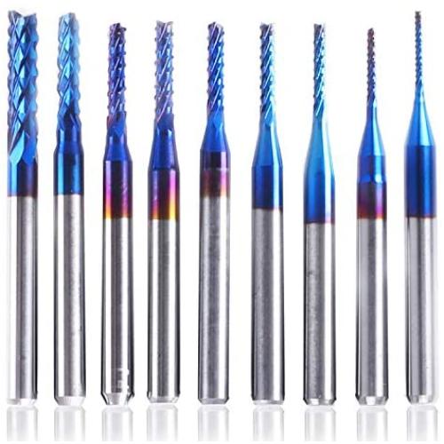 SainSmart Genmitsu 10Pcs Nano Blue Coat End Mill CNC Router Bits, 0.8-3mm, 1/8'' Shank