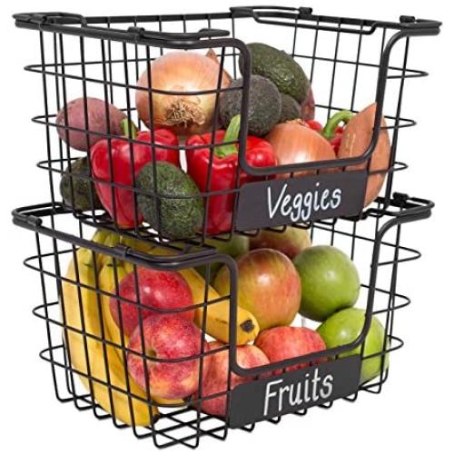 BirdRock Home Stacking Wire Market Baskets with Chalk Label - Set of 2 - Fruit Vegetable Produce Metal Storage Bin for Kitchen Counter - Pantry Cabinet - Bathroom Shelves - Metallic Black