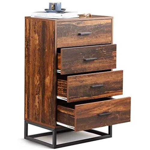 WLIVE 4 Drawer Chest, Tall Dresser, Wood Storage Organizer Unit with Sturdy Metal Frame for Bedroom, Living Room or Home Office, Rustic Oak