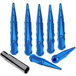 20pc Spike Lug Nut 14x2 Blue 4.4'' Tall Offroad Extended Metal Lugs Premium, 1 Socket Key Included