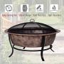 Outsunny Black Rustic Cauldron Style Metal Wood Fire Pit Bowl w/Log Poker and Mesh Screen Enclosure for Ember Protection