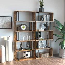 IRONCK Bookcase and Bookshelf 5 Tier Display Shelf, S-Shaped Metal and Wood Bookshelves Cabinet Storage, Freestanding Multifunctional Decorative Shelving for Home Office, Vintage Brown