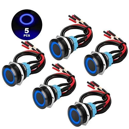 5PCS 19mm 3/4'' Metal Latching Pushbutton Switch with Wiring Harness, 12V LED 1NO1NC SPST ON-OFF Switch, Waterproof 24V Pre-Wired 4 Pin Toggle Switch for 0.74'' Mounting Hole, Black Shell & Blue Light