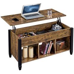 YAHEETECH Lift Top Coffee Table with Hidden Compartment & Shelf, Rustic Style Lift Tabletop Dining/Center Table for Living Room Reception, Solid Wood Legs