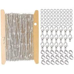 ZCNest 32.8 Ft(10m) Rhodium Flat Curb Chains for Jewelry Making Set, with Lobster Clasps+Jump Rings+Pinch Bails, Cable Link Craft Chain Findings for Necklace Bracelet DIY 2065-B