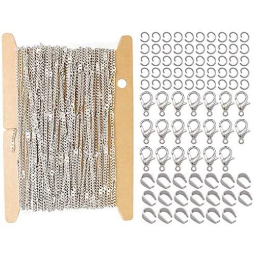 ZCNest 32.8 Ft(10m) Rhodium Flat Curb Chains for Jewelry Making Set, with Lobster Clasps+Jump Rings+Pinch Bails, Cable Link Craft Chain Findings for Necklace Bracelet DIY 2065-B