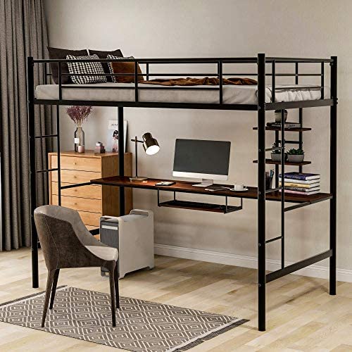 High Metal Loft Bed with Desk, SOFTSEA Twin Size Loft Bed Frame with Keyboard Tray and Storage Shelf for Teens, Boys and Girls