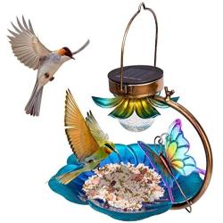 Birdream Solar Bird Feeder for Outside Hanging Wild Birdfeeders Seed Tray Outdoor Solar Powered Garden Light Metal Butterfly Decorative LED Landscape Lighting Waterproof 9.5 Inch Dia for Yard