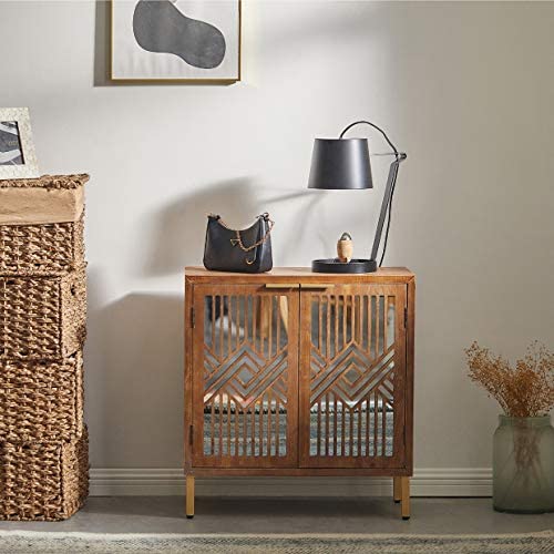 COZAYH Full-Assembled 2 Door Accent Cabinet Modern Mirror Fronts Clean-Lined Silhouette, Natural