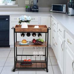 JAXPETY 3-Tier Industrial Bar Mobile Serving Kitchen Cart with Casters, Removable Tray, Wood Metal Serving Trolley, Dining Room Utility Cart, Brown