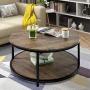 NSdirect 36 inches Round Coffee Table, Rustic Wooden Surface Top & Sturdy Metal Legs Industrial Sofa Table for Living Room Modern Design Home Furniture with Storage Open Shelf (Light Walunt)