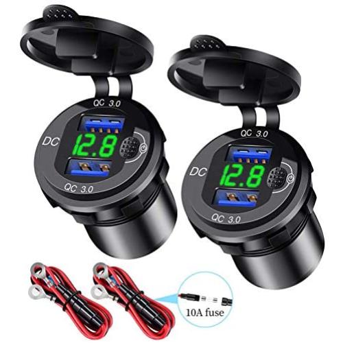 2-Pack Quick Charger 3.0 Dual USB Car Charger Socket with Voltmeter & Switch, Metal Waterproof 36W 12V Power Outlet Fast Charger for Car Boat Marine ATV Truck and More (Green)