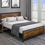 AMERLIFE Queen Size Bed Frame with Wood Headboard - Metal Platform Bed with Industrial Footboard - Heavy Duty Steel Mattress Foundation/ 4 U-Shaped Support Frames/Rustic Country Style/Easy Assembly