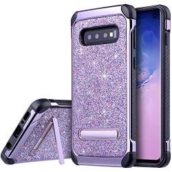 UARMOR Case for Galaxy S10, Galaxy S10 Glitter Case, Samsung S10 Case, Luxury Glitter Bling Shockproof Kickstand Hybrid Sparkly Shiny PU Leather Hard Cover Case for Samsung Galaxy S10, Purple