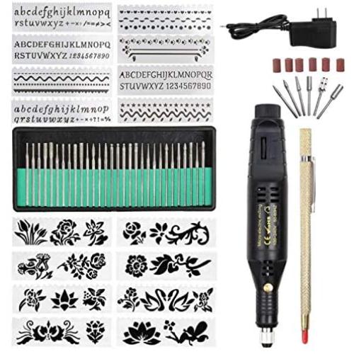 Electric Micro Engraver Pen Mini DIY Vibro Engraving Tool Kit for Metal Glass Ceramic Plastic Wood Jewelry with Scriber Etcher(1pen 16 Stencils) (Black)