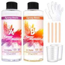 Epoxy Resin Crystal Clear Kit, 2 Part Crystal Clear Casting Resin for DIY Art Craft, Jewelry, Wood finishes, Tumblers, 16 Ounce Kit with Bonus Gloves, Measuring Cups and Sticks