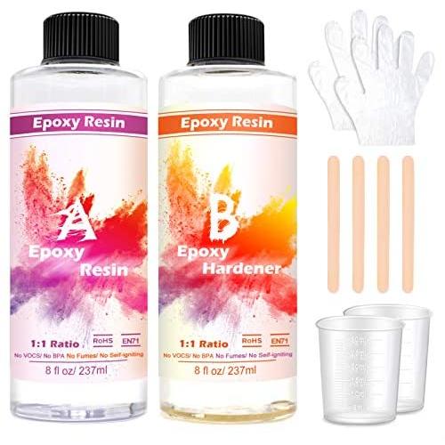 Epoxy Resin Crystal Clear Kit, 2 Part Crystal Clear Casting Resin for DIY Art Craft, Jewelry, Wood finishes, Tumblers, 16 Ounce Kit with Bonus Gloves, Measuring Cups and Sticks